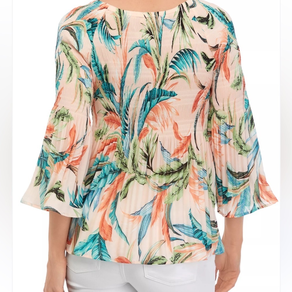 Spense Peach Floral Peplum Blouse with Teal & Coral Print